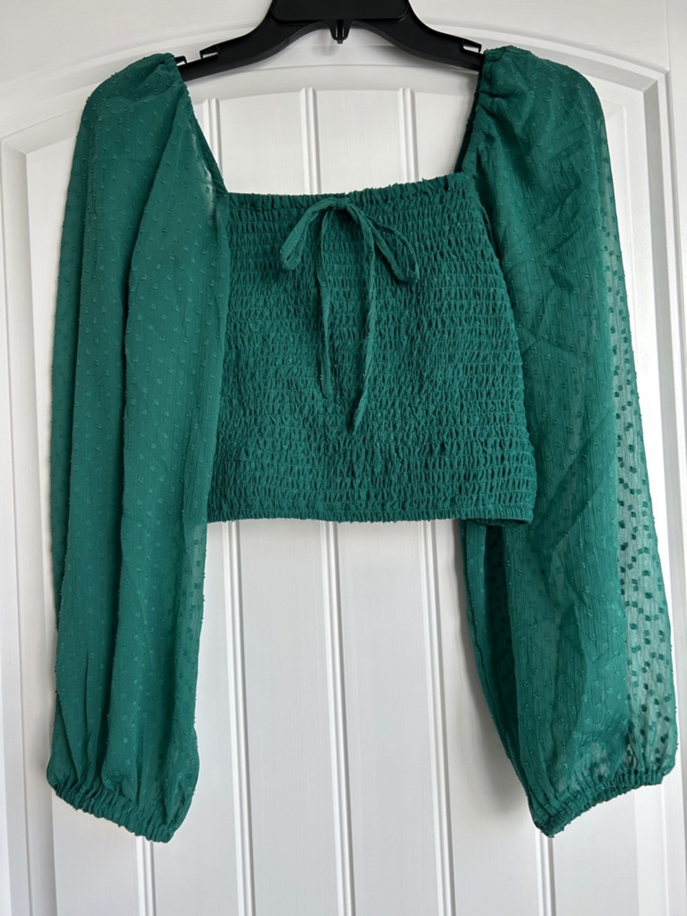 Green Smocked Puff-Sleeve Crop Top